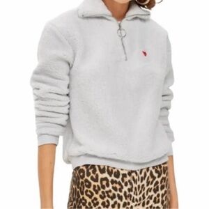 TopShop Borg Heart Quarter Zip Pullover Sherpa Teddy Heart Embroidery